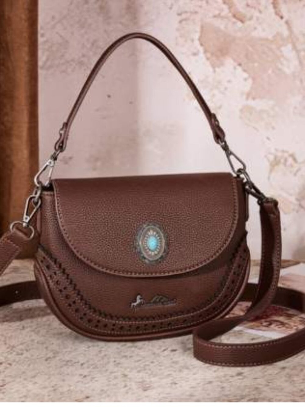 Montana West Western Saddle Crossbody Purse Turquoise Concho Coffee NWT